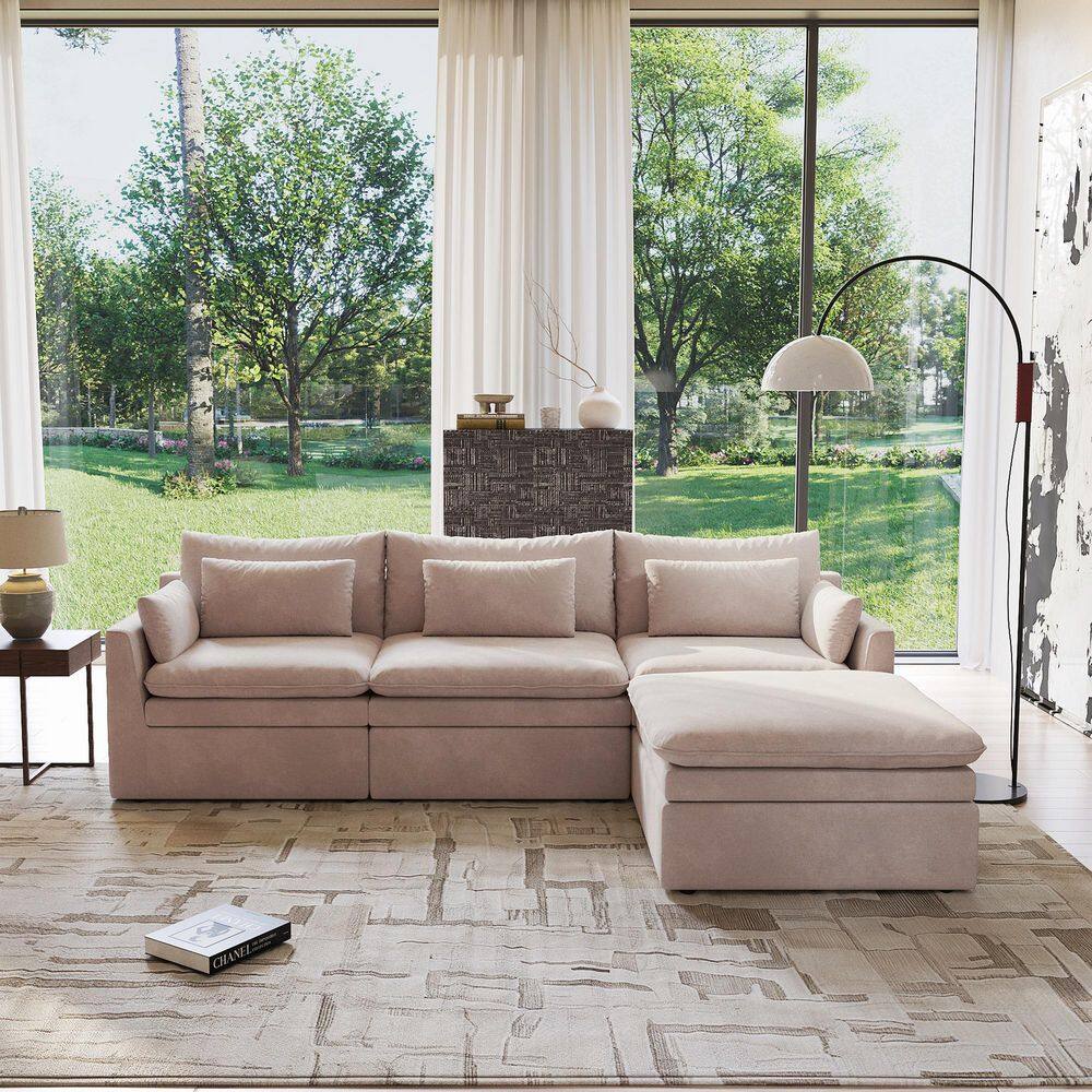 117 in. Track Arm 3-Piece Detachable Velvet Modular Sectional Sofa L-Shape Couch in Khaki with Ottoman for Small Space price history on PriceWatchPro