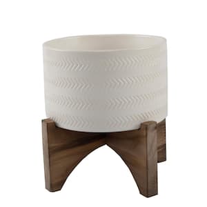 5 in. Matte White Arrow Ceramic Plant Pot on Wood Stand Mid-Century Planter