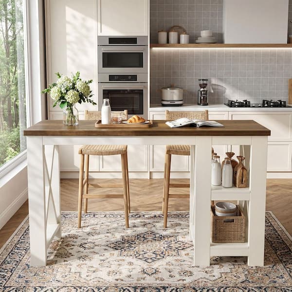 Alan Brown White Wood 62 in. Kitchen Island 2 Tier Open Shelves Large Worktop Leg Room Modern Industrial Bar Table