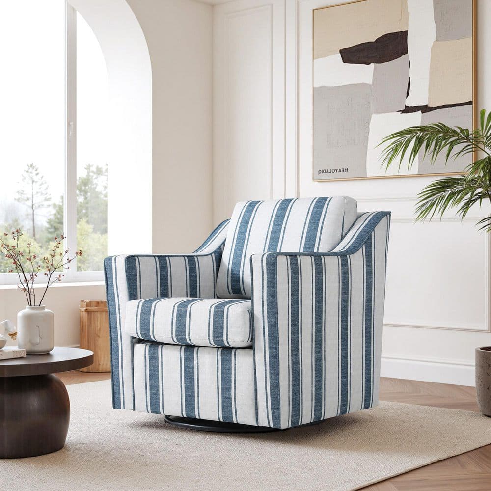 Uixe Navy Stripe Line Upholstered Swivel Accent Barrel Chair (Set