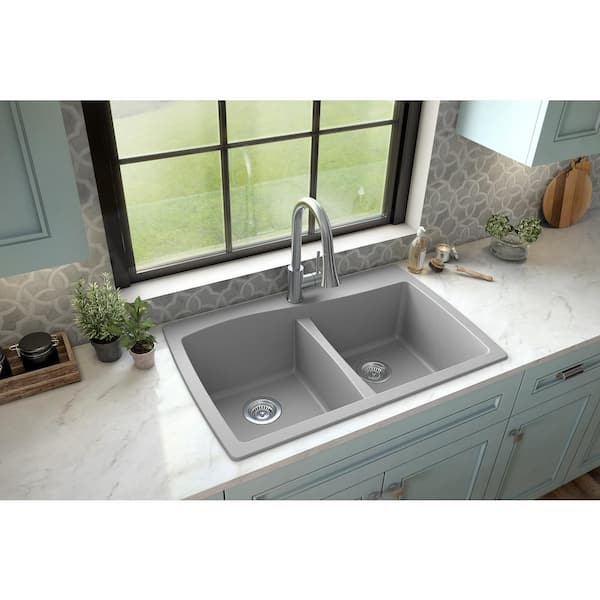Karran Drop-In Quartz Composite 34 in. 1-Hole 50/50 Double Bowl Kitchen Sink in Grey