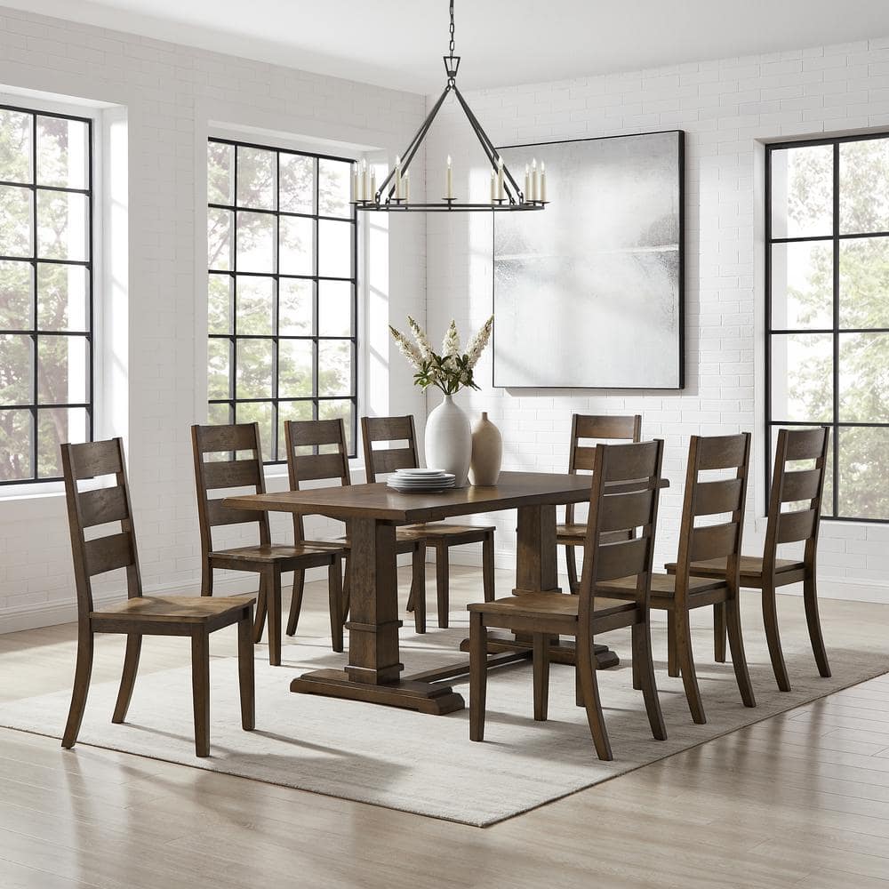 Joanna Dark Oak 9-Piece Dining Table Set with Ladder-Back Chairs