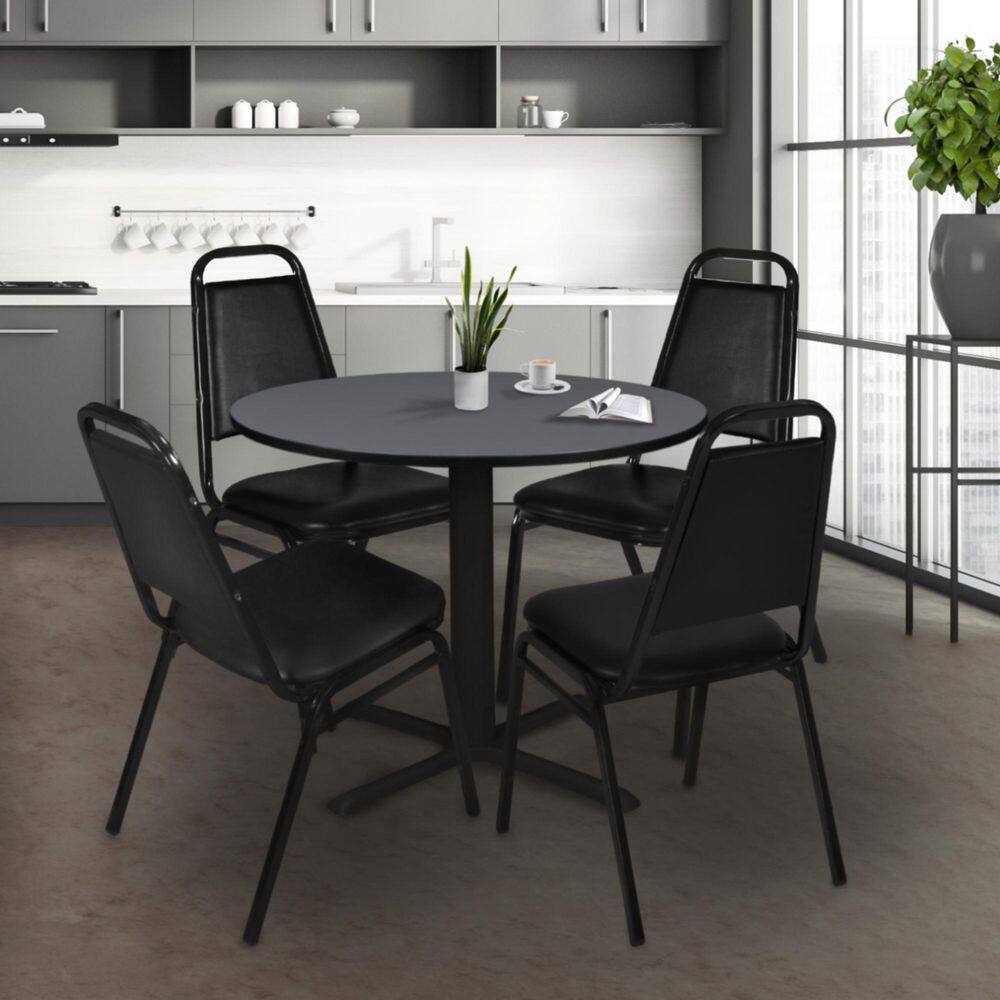 Cain 36 in. Grey Round X-Base Breakroom Table Desk and 4 Restaurant Stack Chairs-Black