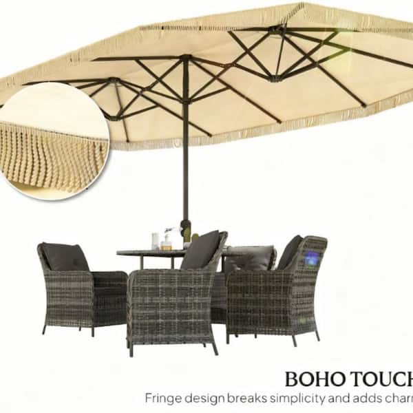 cream rectangular patio umbrella 15 ft. Cream White Spacious Extra Large Outdoor Umbrella Rectangle Patio  Umbrella with Fringe and Crank Handle San-17