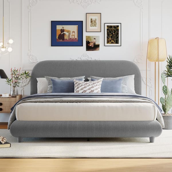 Hunter Gray Wood Frame Queen Size Teddy Fleece Fabric Upholstered Platform Bed with Stylish Curve-Shaped Design