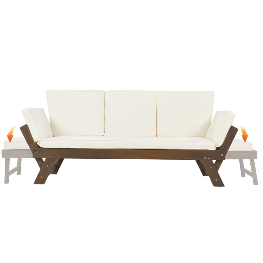Wood Outdoor Adjustable Patio Daybed Sofa Chaise Lounge with Cushions, Brow