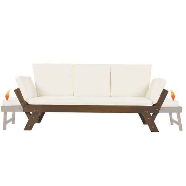 Unbranded Wood Outdoor Adjustable Patio Daybed Sofa Chaise Lounge with Cushions, Brown Finish+Beige Cushion