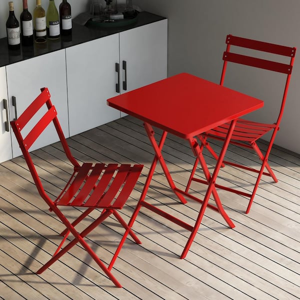 Red 3-Piece Metal Outdoor Bistro Set of Foldable Square Table and