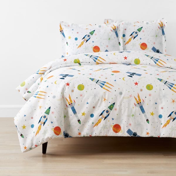 Company Kids Outerspace White Multi Twin/Twin XL Organic Cotton Percale Duvet Cover Set