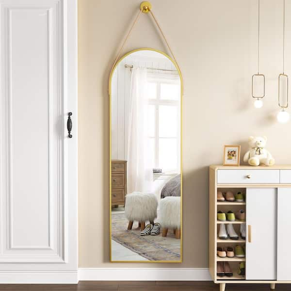 XRAMFY Gold 16 in. W x 48 in. H Arched Modern Aluminum Alloy Framed With Belt Wall Mirror