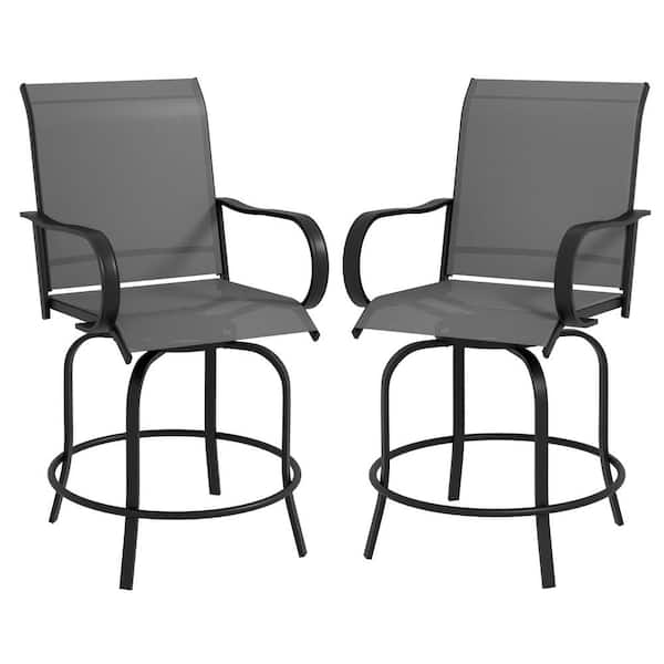 Swivel Metal Outdoor Bar Stools, Patio Chais with Armrests and High-Density Mesh Fabric in Gray (2-Pack)