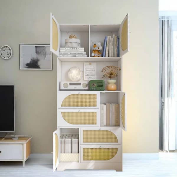 Tatayosi 11.8 in. W x 31.5 in. D x 71 in. H White Storage Cabinet with Rattan Doors, Pantry Hutch Cabinet Ready to Assemble