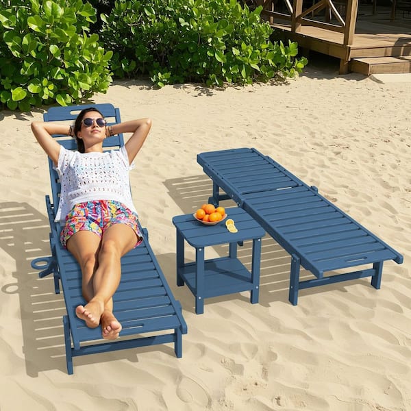 HDPE Navy Plastic 5-Level Adjustment Outdoor Chaise Lounge Reliner Chair (1-Pack)