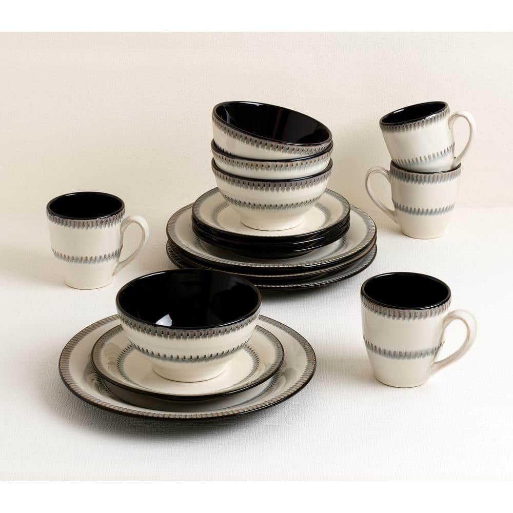 White Ceramic Bohemian 16-Piece Dinnerware Set with Trim Embellishment