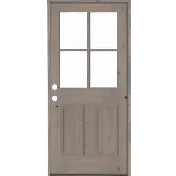 Krosswood Doors 32 in. x 80 in. Knotty Alder Right-Hand/Inswing 4-Lite Clear Glass Grey Stain Wood Prehung Front Door