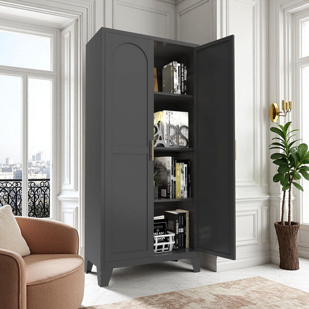 61 in. Black Tall Steel Storage Cabinet with Doors and Shelves for Living Room, Kitchen, Office or Entryway