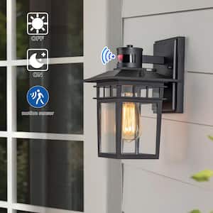 1-Light Matte Black Motion Sensing Dusk to Dawn Not-Solar Outdoor Wall Lantern Sconce with Clear Tempered Glass