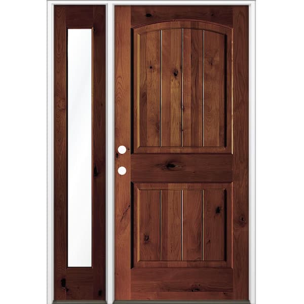 56 in. x 80 in. Knotty Alder Arch Right-Hand/Inswing Clear Glass BEHR Red Mahogany Stain Wood Prehung Front Door LFSL