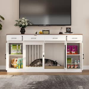 Wooden Dog Crate with 4-Drawers, Large Doghouse Furniture Style Dog Cage Storage Cabinet for Medium Small Dogs, White
