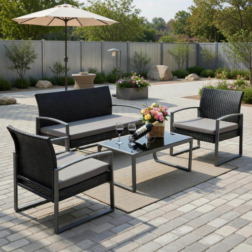 4-Piece Modern Outdoor Rattan Patio Furniture Set, Tempered Glass Table & Removable Cushions, Black Wicker price history on PriceWatchPro