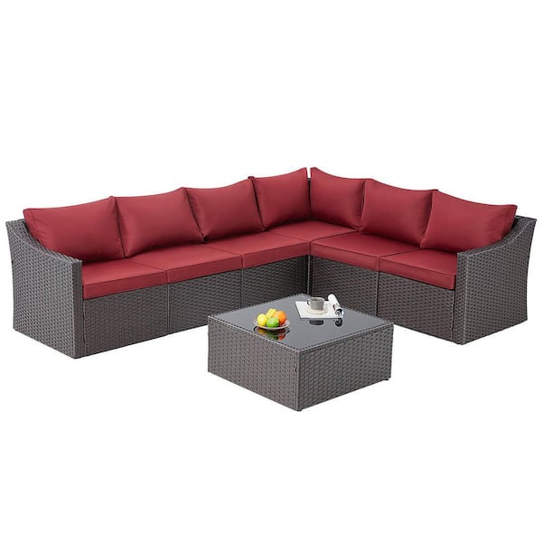 Cesicia Cesician 7-Pieces Wicker Outdoor 6-Person Sectional Sofa Set Patio Conversation Set with Red Cushion and Coffee Table