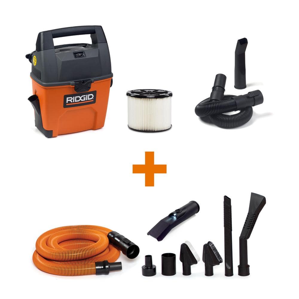 RIDGID 3 Gal. 3.5 Peak HP Handheld Shop Vacuum Wet Dry Vac with RIDGID SWEEP Dust Pan, LED Car Nozzle and Car Cleaning Kit WD3050C - The Home Depot