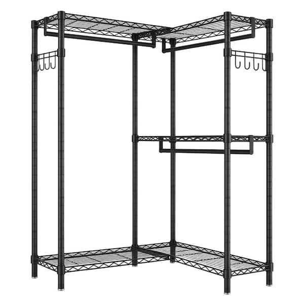 Avex 58 in. W x 76 in. H Black Metal L Shaped/I Shaped Clothes Rack with 3 Hanging Rods & 2 Side Hooks