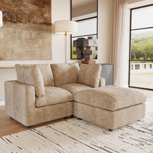 Convertible Cloud Couch, 67 in. Square Arm Chenille L-Shaped Sofa with Ottoman, Washable Covers for Apartment in. Khaki