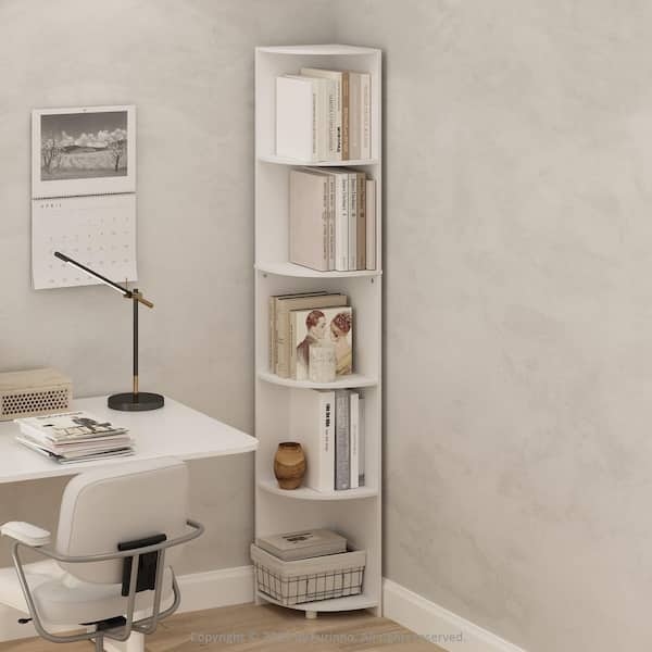 Furinno Basic 70.87 in. Tall White Wood 5-Shelf Corner Bookcase