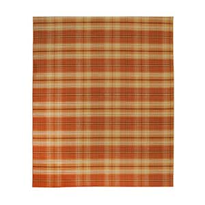 Orange Hand Knotted Wool Traditional Plaid Rug, 10' x 14', Area Rug