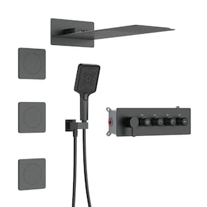 3-Jet Rectangular Wall Mount Shower System with With Handheld and Body Spray Thermostatic Massage Jets in Matte Black