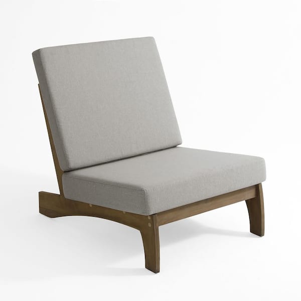 Teak Color Solid Wood Frame Armless Chairs with Removable Light Camel Cushions (Set of 2)