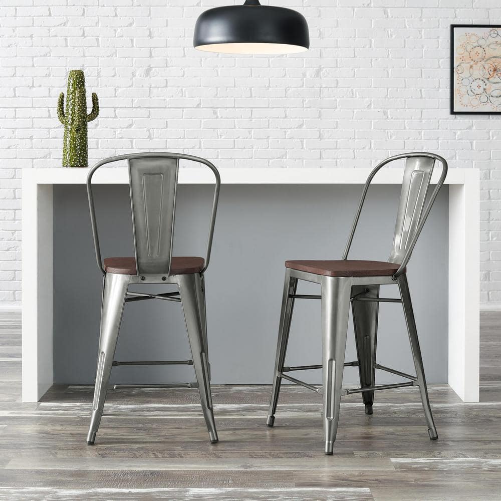 Finwick Gunmetal Gray Backed Counter Stool with Dark Wood Seat (Set of 2)