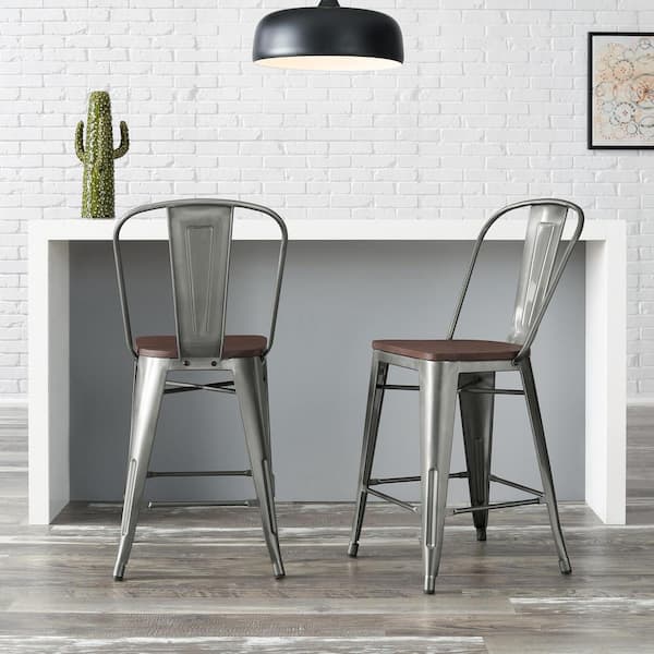 StyleWell Finwick Gunmetal Gray Backed Counter Stool with Dark Wood Seat (Set of 2)