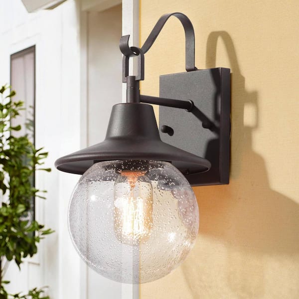 LNC Modern Rusty Black Outdoor Wall Lantern Sconce with Globe Clear Seeded Glass Shade 1-Light Vintage Wall Mount Light