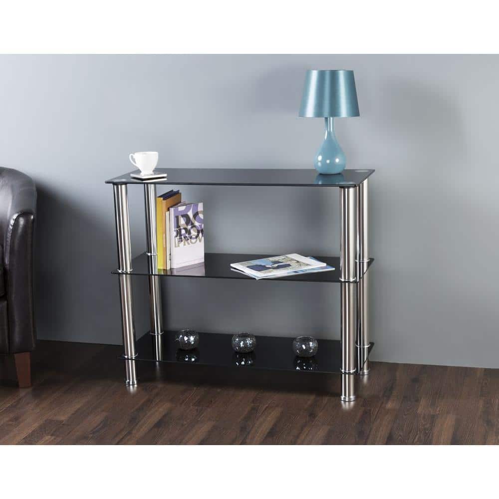Black Glass and Chrome 3-Tier Shelving Unit