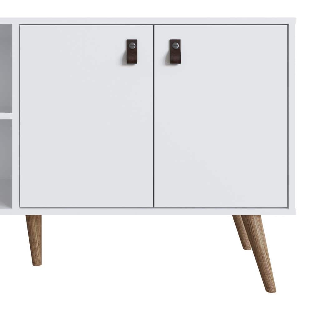 Amber White MDF TV Stand with Faux Leather Handles and Cabinet