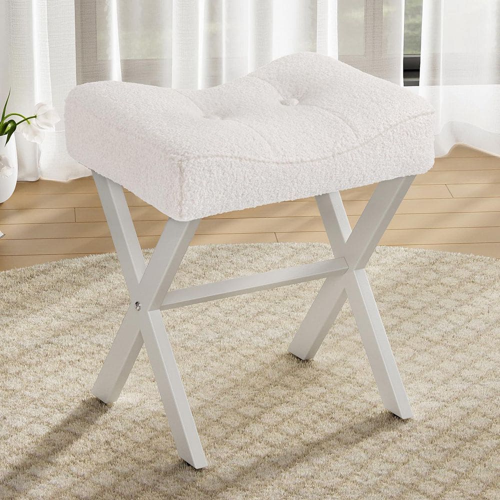 Elegant White Cotton Alloy Steel 18 in. Tall Makeup Vanity Stool with Ergonomic Cushion Sturdy X-Frame Adjustable Feet price history on PriceWatchPro