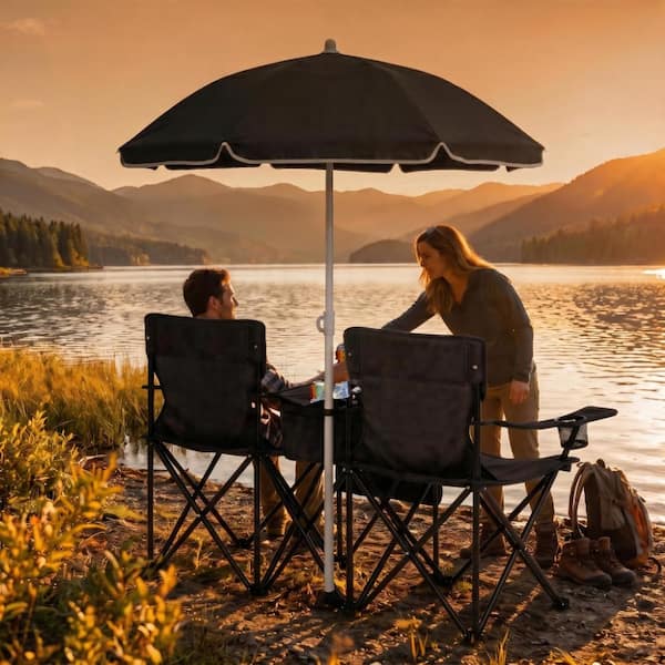 2 seat patio umbrella chair Double Folding Camping W/Umbrella Fold Up Table Beverage Holder Carrying Bag Cooler for Pool Park Outdoor Beach, Picnic, Portable (Red) : Sports & Outdoors Outdoor activity is full of interest ANGELES HOME 2-Seat Outdoor Portable