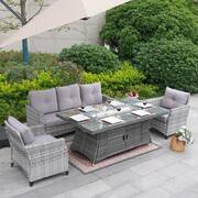 Irene Gray 5-Piece Wicker Patio Fire Pit Conversation Set with Gray Cushions and Side Table