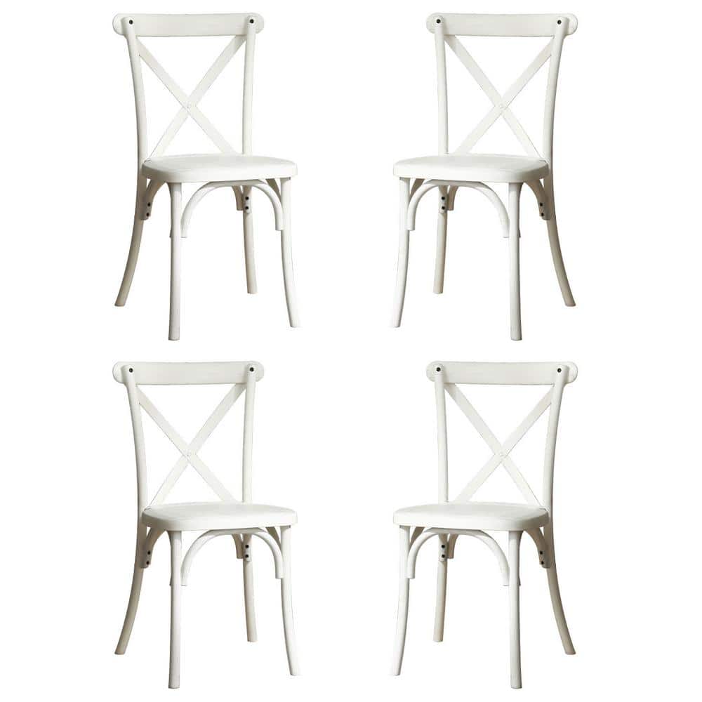 4-Piece Lime Wash White Wood Resin Outdoor Dining Chair with X-Back