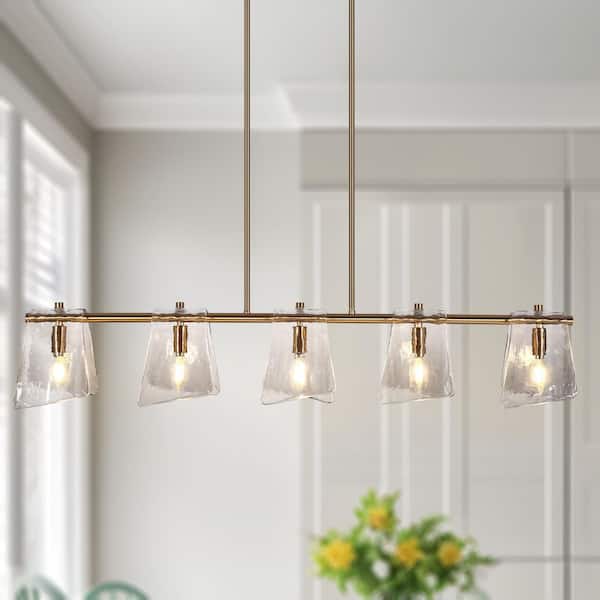 Afmean 41.5 in. 5-Light Plated Brass Island Chandelier with Textured Gray Glass for Kitchen Dining Room Modern Pendant