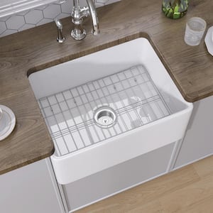 24 in. Apron Front Rectangular Center Drain Single Bowl White Fireclay Farm Kitchen Sink With Bottom Grids And Strainer