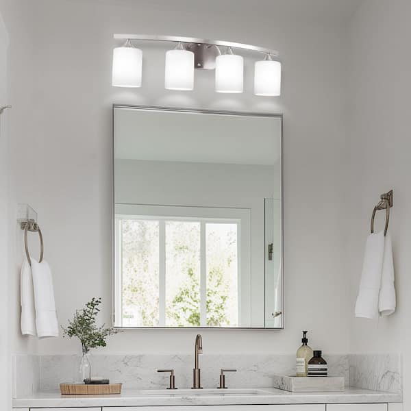 28 in. 4-Light Nickel Cylinder Vanity Light for Bathroom, Vanity, or Mirror with Curved Arms and White Glass Shades