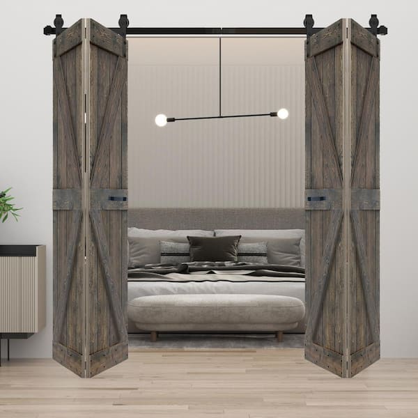 ISLIFE K Style 72 in. x 80 in. (18 in. x 80 in. x 4 Panels) Smoky Gray Solid Wood Bi-Fold Door Hardware Kit-Assembly Needed