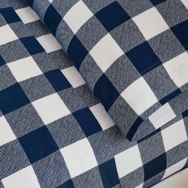 Home Decorators Collection 4-Piece Blue Gingham Check Plaid Cotton Flannel Queen Sheet Set