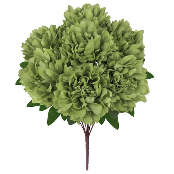 LIVING LUXURY 17 in. Olive Green Artificial Lush Hybrid Peony Flower Stem Bush Bouquet (Set of 2)