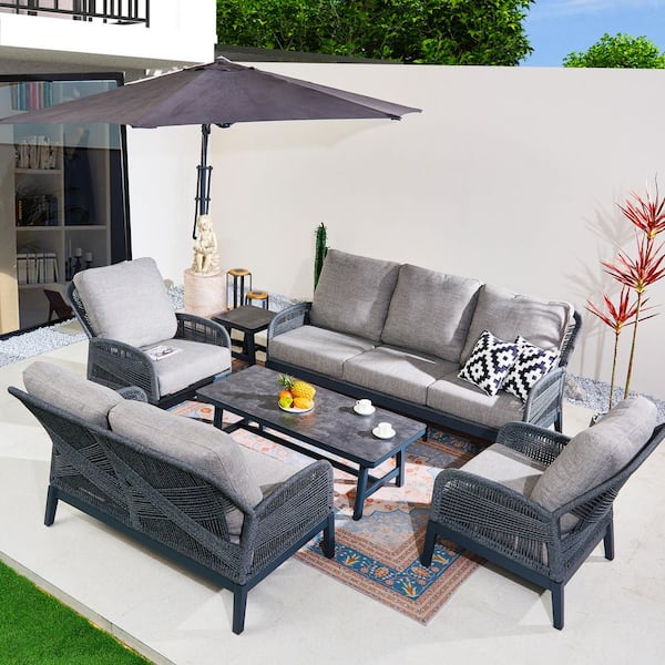Bellaire 6-Piece Outdoor Aluminum Rope Weaving Patio Conversation Set with Gray Cushions