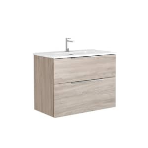 Dalia 32 in. W x 18.1 in. D x 23.8 in. H Single Sink Wall Mounted Bath Vanity in Grey Pine with White Ceramic Top