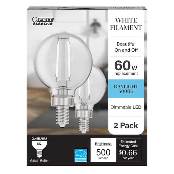 Feit Electric 60-Watt Equivalent G16.5 Dimmable White Filament CEC Clear Globe E12 Candelabra LED Light Bulb, Daylight 5000K (2-Pack)